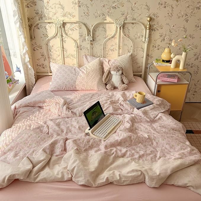 LifeTB Pink Floral Duvet Cover Twin Romantic Lace Bedding Set Garden Style Cottagecore Flower Duvet Cover with Zipper Closure Soft Washed Microfiber Botanical Comforter Cover for Teen Girls