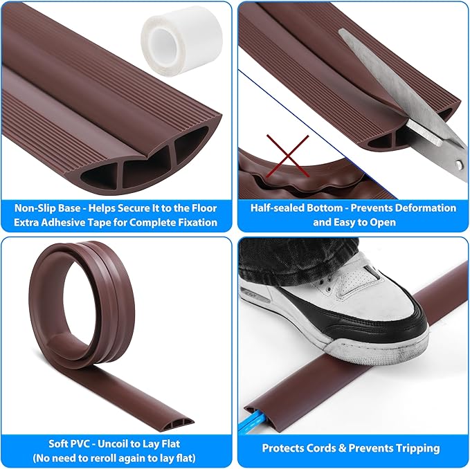 Floor Cord Cover 6ft, Cord Hider Floor Hide Extension Cords, Floor Cable Management Prevent Cable Trips, Floor Cable Cover Wire Covers for Cords, Cable Protector Cord Cavity W0.6in x H0.32in Brown
