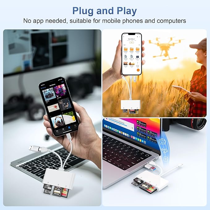 5-in-3 Multi Card Reader - USB 3.0 Memory Card Reader OTG Adapter with Multi Card Slots for USB C/Lightning/USB A Devices, Supports SD/Micro SD(TF)/CF/XD/MS Reading & Writing, Plug and Play