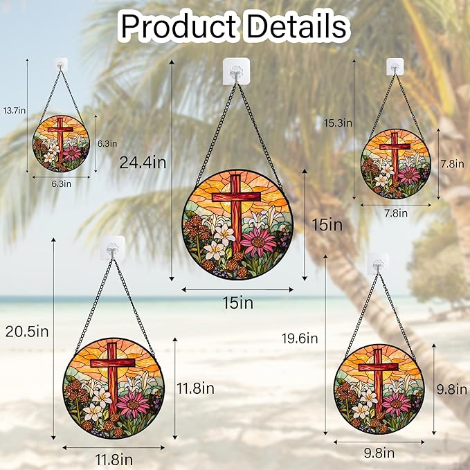 Christian Gifts for Women - Cross Stained Glass Window Hanging Easter Flower Sunset Landscape Sun Catcher Garden Religion Decor Mother's Day Catholic Gift for Men Grandma Mom Her Nana 15"