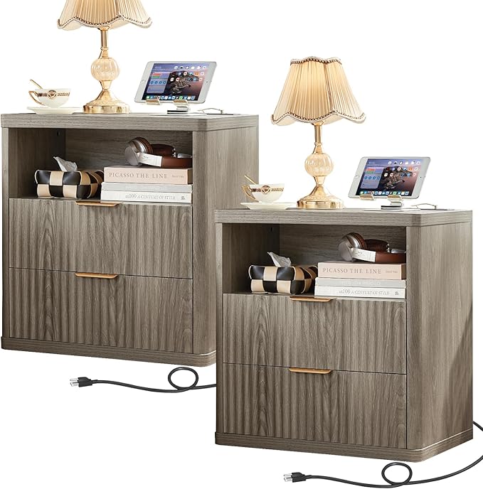 LEYAOYAO Fluted Farmhouse Nightstand Set of 2 with Charging Station, 23" Wide 2 Drawers End Table,Grey Dresser for Bedroom,Bed Side Table Chest of Drawers Cabinet,Wood Night Stand for Living Room