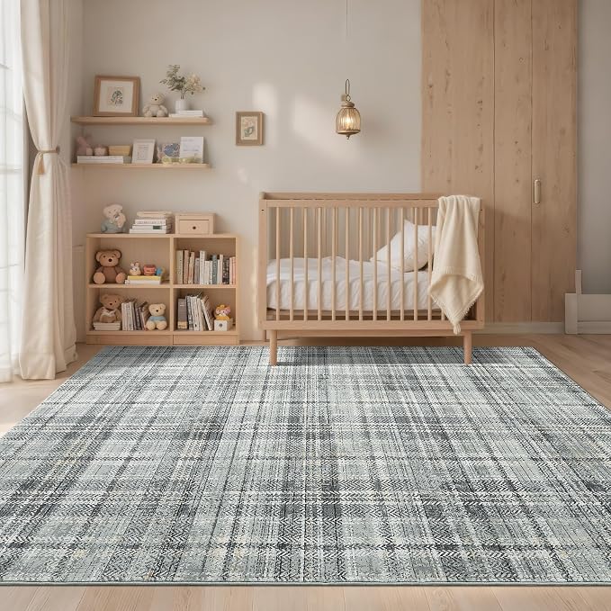 Modern Plaid Washable Rug 8 x 10 Rug for Living Room Soft Farmhouse Tartan Area Rug for Bedroom Non Shedding Non Slip Throw Rugs Stain Resistant Carpet for Nursery Office 8'x10' Greenish Grey