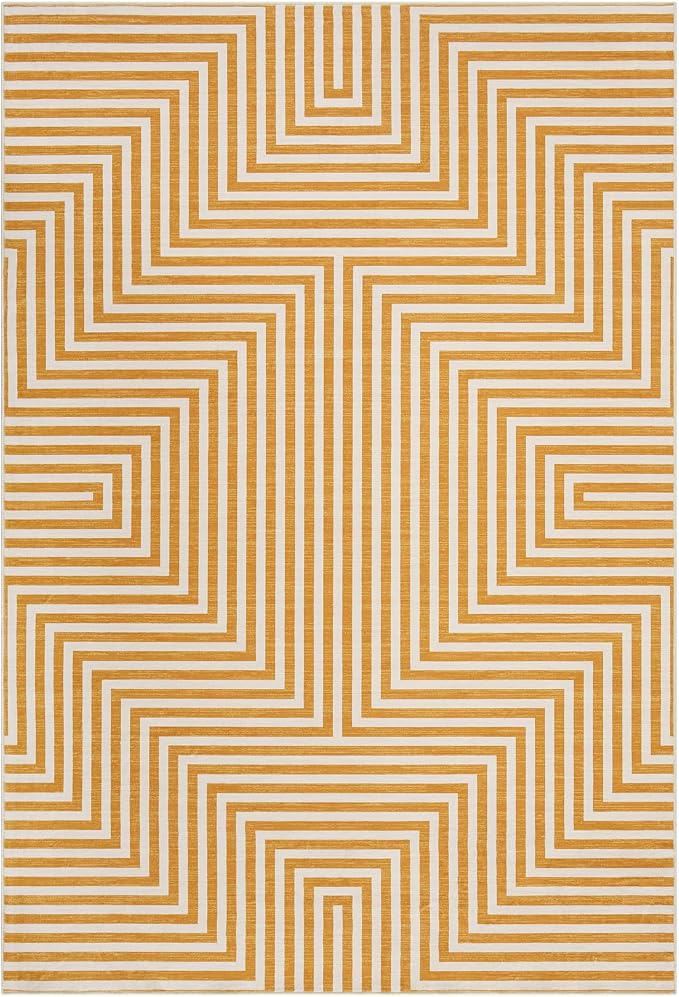 Washable Modern Lines Rug 9x12 Area Rug for Living Room Neutral Modern Geometric Rugs Low Pile Soft Bedroom Carpet Thin Foldable Abstract Floor Carpet for Dining Kids Room Playroom, Orange Yellow