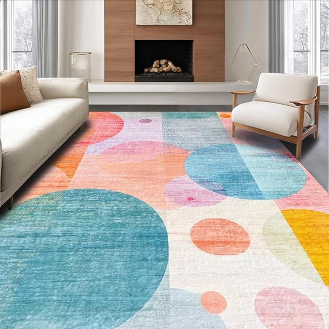 Flatwoven High Traffic Area Rug 4x6, Playful Bubble Cluster with Overlapping Circles and Translucent Color Blends, Non Slip, Stain Resistant, Washable Area Rugs for Living Room, Bedroom (Red, 4x6)