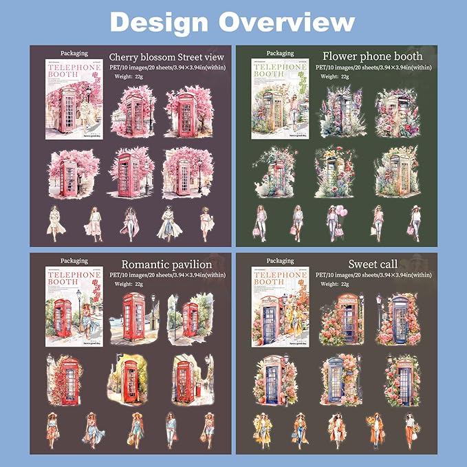 AuriicLeaf Telephone Booth PET Sticker Set, 80PCS Vintage Street Scene Stickers for Scrapbooking, Journaling, DIY Crafts, Planner Decoration, and Aesthetic Collage