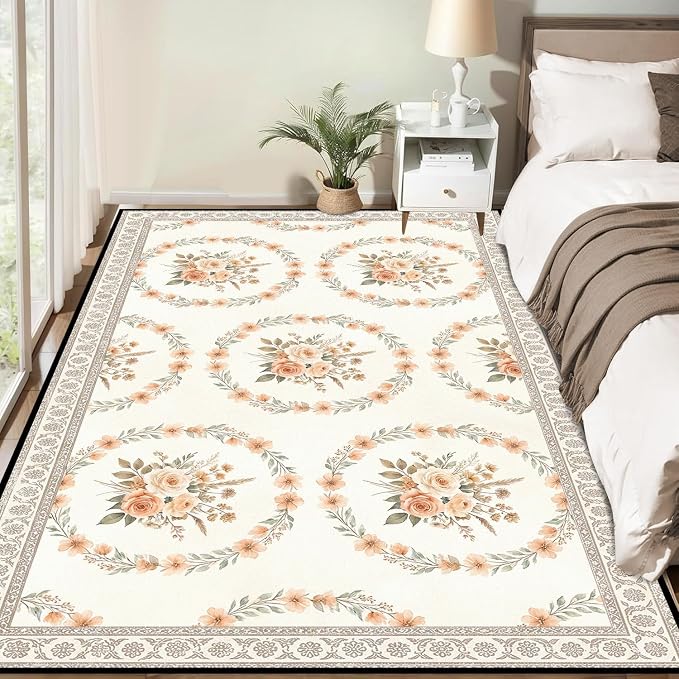 6'x9' Boho Floral Area Rug Vintage Peach Rose Carpet Non-Slip Washable Floor Mat Neutral Aesthetic Botanical Rug for Bedroom Living Room Nursery Kitchen Playroom Home Decor