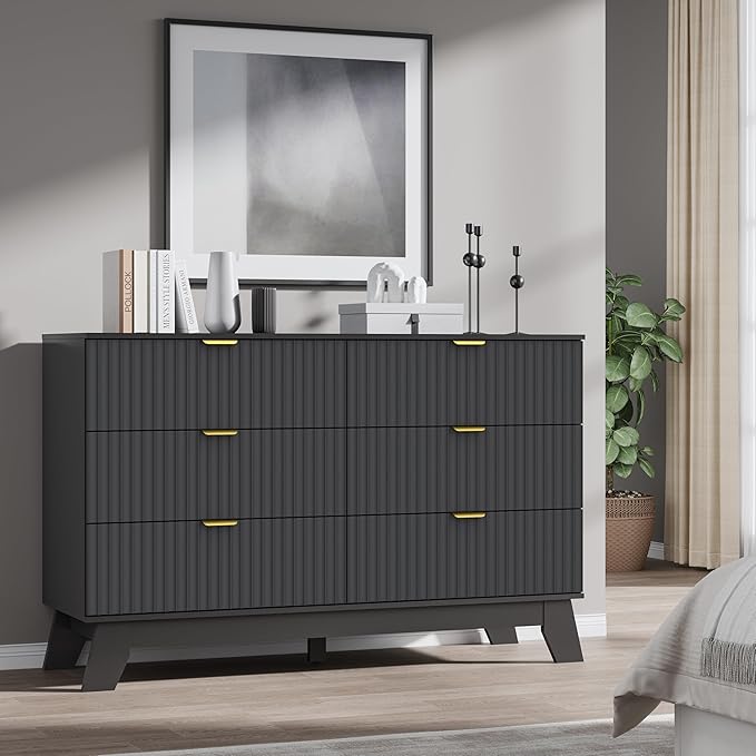BORNOON Fluted 6 Drawer Dresser, 47.2" Wide Modern Boho Chest of Drawers, Wooden Storage Dresser TV Stand for Bedroom, Living Room, Closet, Hallway, Curved Profile Design