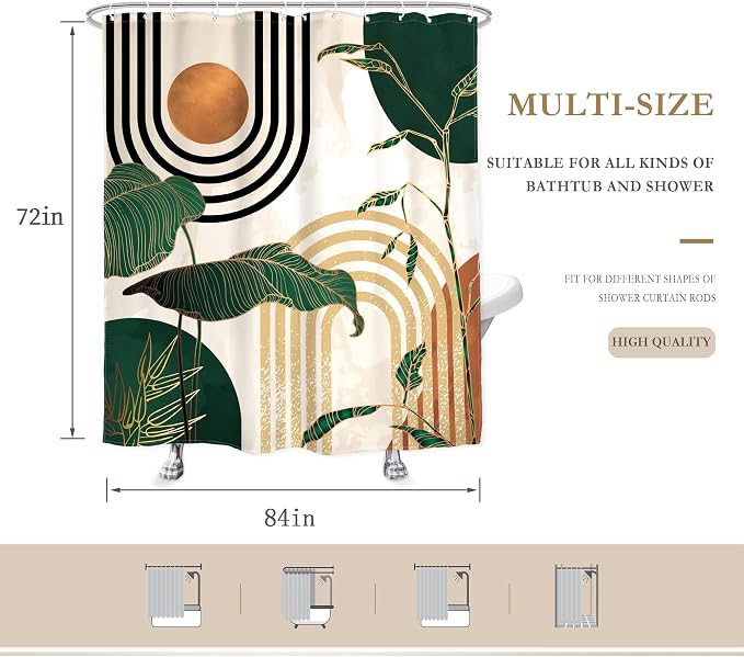Glawry Extra Long Shower Curtain 72Wx84L Inches Boho Abstract Mid Century Green Tropical Palm Tree Bathroom Minimalist Modern Aesthetic Geometric Bath Accessories Art Home Decor Fabric 12 Pack Hooks