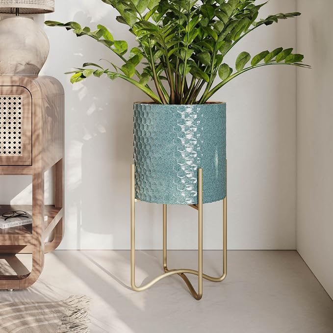 EverNest Mid-Century Modern Rhys Honeycomb Embossed Planter Pot with Ambrose Stand, Metal Indoor Plant Pots, Blue Green Bohemian Style (Medium 2 Gallon)