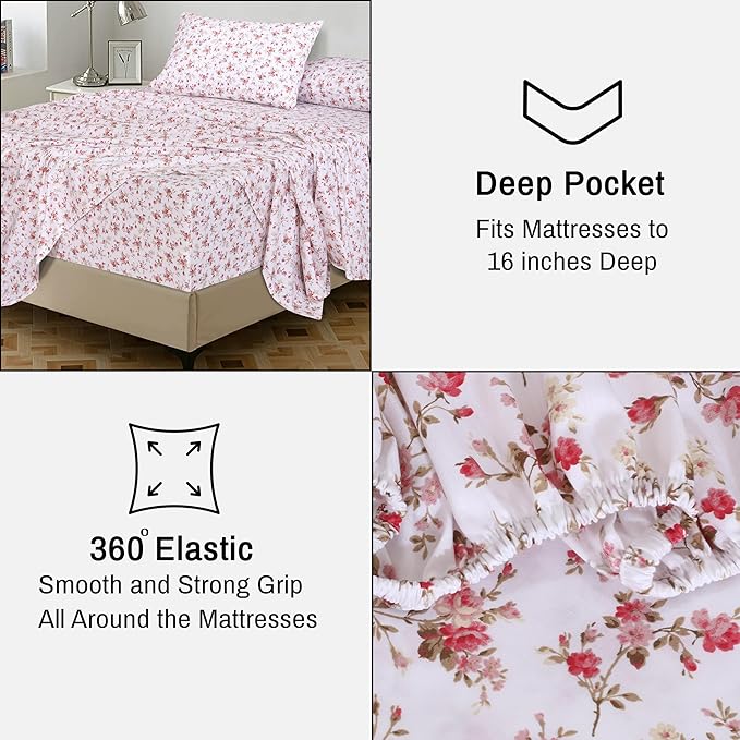 RUVANTI 100% Cotton Sheets Queen Size Set, 4 Pieces, Soft & Breathable Percale Weave Bedding, Deep Pocket 16", Hotel Standard, Crisp Cool Feeling, Durable, Perfect Floral Bed Sheet, Bouquet