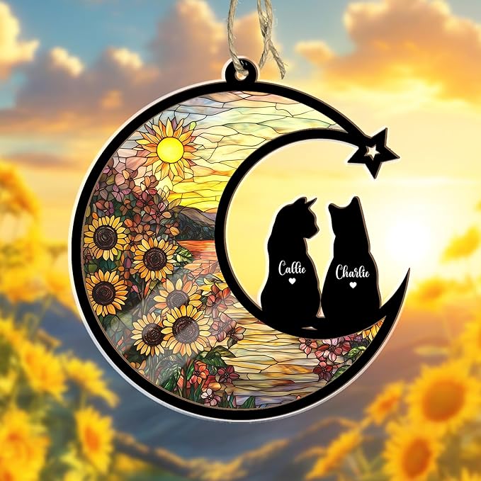 Personalized Cat Memorial Suncatcher – Custom Name & Cat Silhouette with Sunflower Background, Pet Loss Sympathy Gift, Memorial Keepsake for Cat Lovers (Up to 3 Pets)