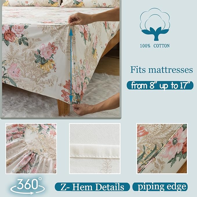 Zusbest- California Sheets, Soft 100% Cotton Pink & Cream Floral Bed Sheet Set Shabby Vintage Chic Peony Flower Printed, Breathable Luxury Toile Bedding 4 Piece Deep Pocket Sheets Cal King