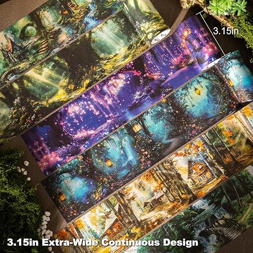 AuriicLeaf Forest-Themed Seamless Washi Tape Scrapbook Kit – 6 Rolls with Cottage, Waterfall & Fairy Forest Designs for Journaling, DIY Crafts, Gift Wrapping, Card Making and Decoration