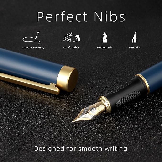 Zalantan Fountain pen,Luxury pen,Nice pen gift pure copper heavy feel Office Executive Pen Smooth Writing Pens for Men Funcy Pens with Gift Case 10 black cartridges medium nib (Blue)