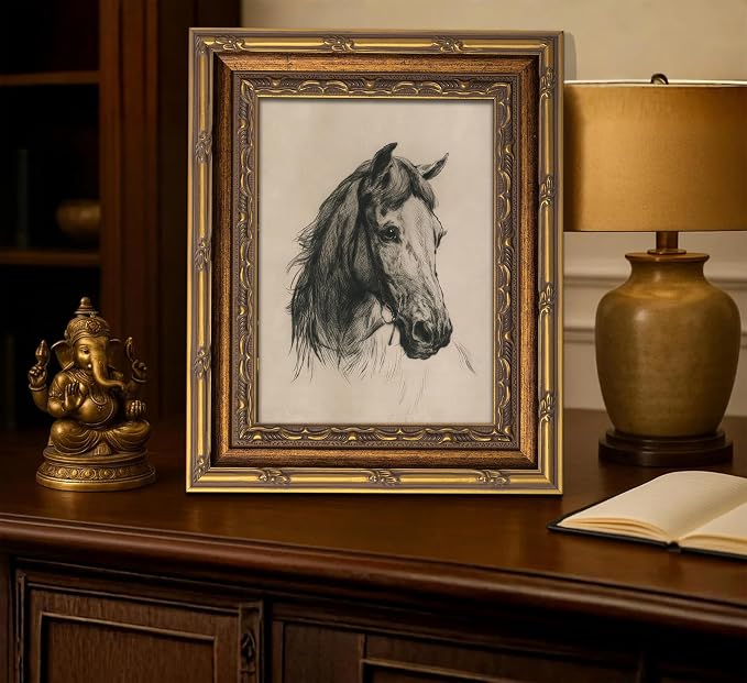 Vintage Gold Framed Horse Sketch Canvas Wall Art Retro Horse Wall Decor Vintage Farmhouse Animals Sketch Print Artwork Retro Rustic painting Picture for Farmhouse Bedroom Living Room 9X11in