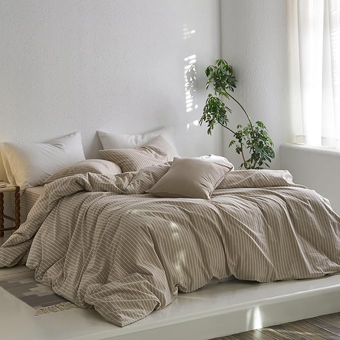 MooMee Striped Duvet Cover Set 100% Washed Cotton Linen Like Textured Breathable Durable Soft Comfy (Tannish Linen Grey White Wide Stripes, King 104"x90")