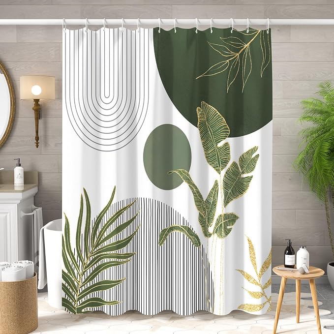 Mid Century Boho Shower Curtain, Abstract Modern Sun Minimalist Aesthetic Shower Curtain, Bohemian Geometric Arch Curve Leaves Neutral Art Fabric Bathroom Curtain Sage Green 72x72 inch