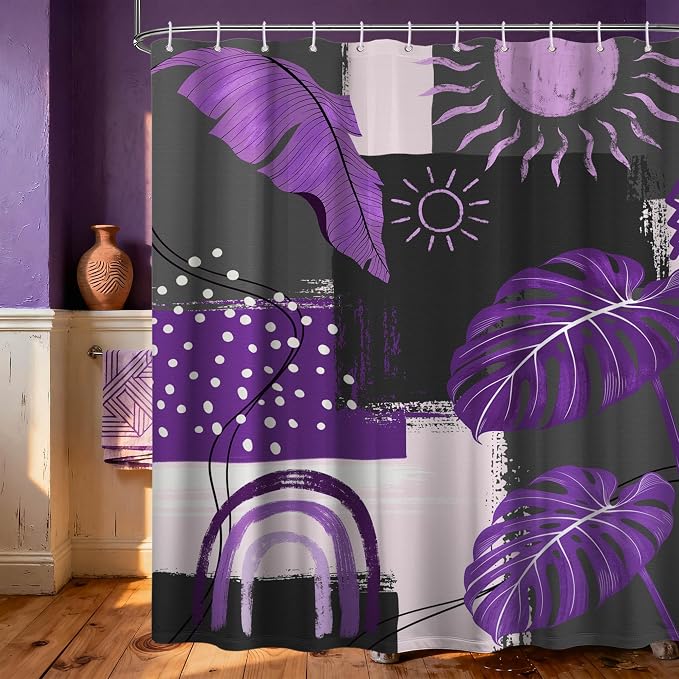 Small Stall Narrow Shower Curtain Purple and Gray Stand Up Dark Purple and Grey Abstract Shower Curtains for Rv Camper Bathroom Decor Sets, Waterproof Cloth Fabric with Hooks, 36 x 72 Inch