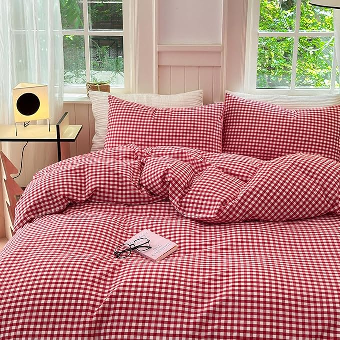 LifeTB Red Gingham Comforter Set King Modern Style Boho Plaid Comforter Set 3 Pieces Soft Fluffy Grid Checkered Pattern Comforter with 2 Pillowcases Farmhouse Gingham Plaid Bedding Set Breathable