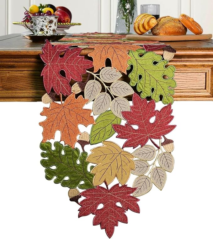 KEVA Fall Table Runner 72inches Long, Harvest Embroidered Thanksgiving Autumn Maple Leaves Table Runner 13x72 inch for Thanksgiving Kitchen Fall Table Decoration