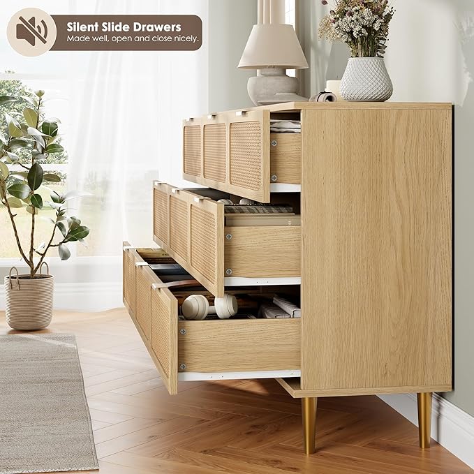 Garvee Rattan Dresser with 9 Drawers, Tall Modern Closet with Deep Storage, Large Chest of Drawers with Wide Top, Long Wooden Dresser for Bedroom, Living Room, Hallway, Kids Room, Natural