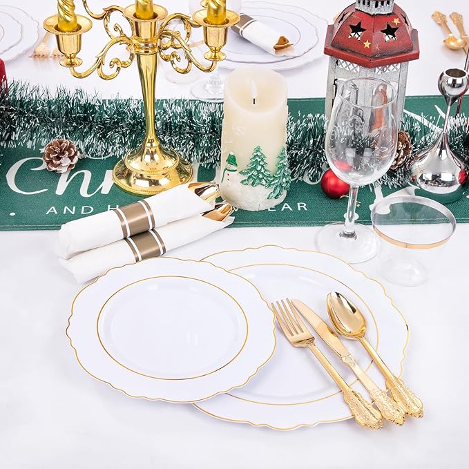 Liacere 350PCS Gold Plastic Plates-Disposable White and Gold Plates 50guest Baroque Plastic Dinnerware include 100Plates, 50Pack Pre Rolled Napkins with Silverware 50Cups for Wedding&Thanksgiving