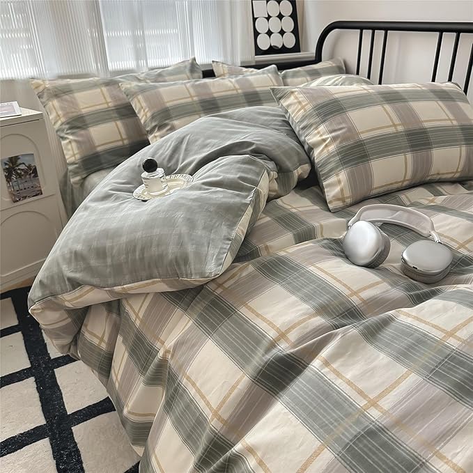Plaid Queen Comforter Set Geometric Plaid Grid Comforter Set Fluffy Microfiber Bedding Comforter Farmhouse Checkered Comforter Set for All Season 3 Piece Plaid Bedding Comforter Set Queen Size Set