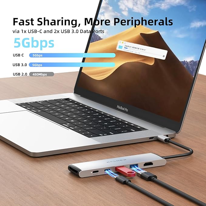 USB C Hub, WALNEW 7 in 1 USB-C Docking Station with 4K HDMI,100W PD, 3 5Gbps Data Ports(1 USBC & 2 USB 3.0),TF/SD Card Reader, USB Hub for Laptop, MacBook Pro/Air/Mac/Dell/HP/ASUS/Acer/Steam Deck