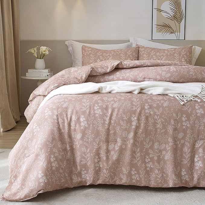 HighBuy Vintage Mauve Comforter Set Full - Garden Floral Fluffy Girls Bedding - Boho Chic Flower All Season Botanical Comforter With 2 Pillowcases