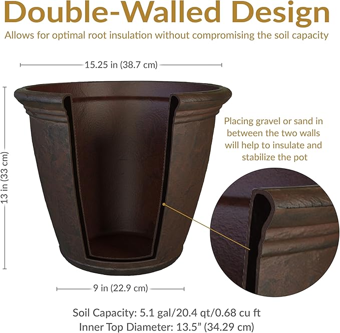 Sunnydaze 15.25-Inch Anjelica Large Plastic Pot for Plants - Double-Walled Outdoor Polyresin Round Planter with Drillable Drainage Holes - Rust - 4pk