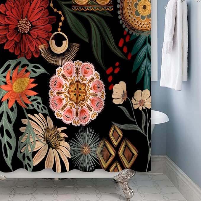 Black Boho Floral Shower Curtain Abstract Botanical Mid Century Modern Bathroom Decor Tropical Flower Shower Curtain with 12 Hooks,72x96 inches
