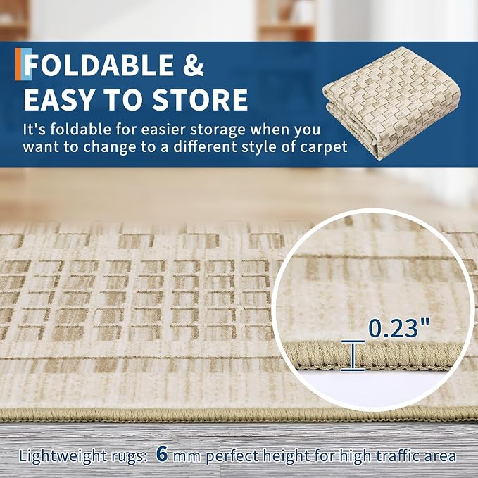 Washable Area Rug 9x12 Rug for Living Room Modern Plaid Large Area Rug for Bedroom Decor Farmhouse Non Slip Throw Rugs Low Pile Stain Resistant Carpet for Office Dining Room 9'x12' Beige