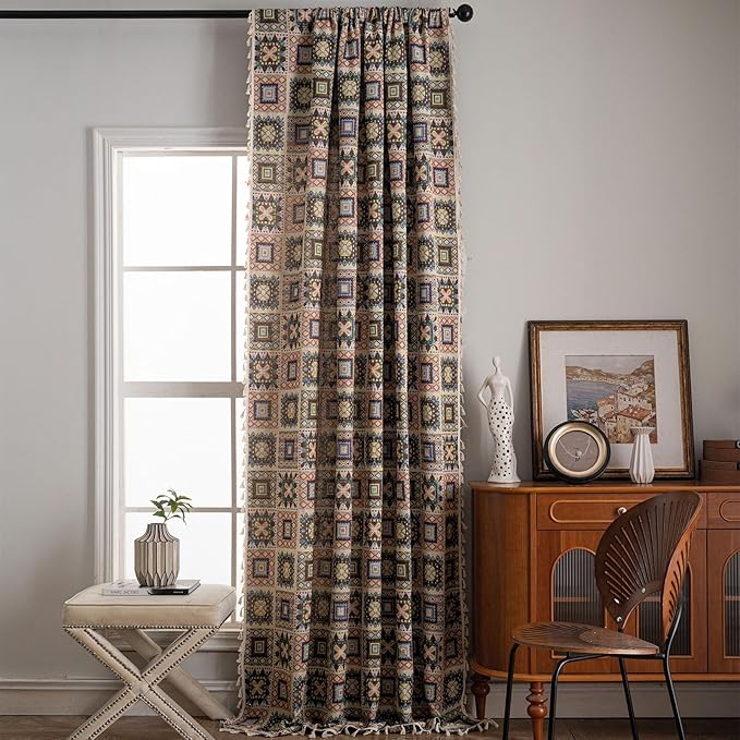 ENJOYBRIDAL Patchwork Curtains 84 Inches Long 2 Panels Semi Sheer Bedroom Drapes Rod Pocket Farmhouse Jacquard Bohemian Window Curtain Panels Light Filtering Beige Boho Living Room Window Treatments