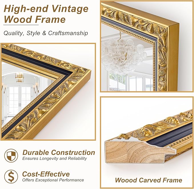 Vintage Large Wall Mirror for Wall, 59'' x 29'' Gold Antiuqe Living Room Mirror with Black Gold Frame, Traditional Ornate Gold Wooden Mirrors, Horizontal/Vertical