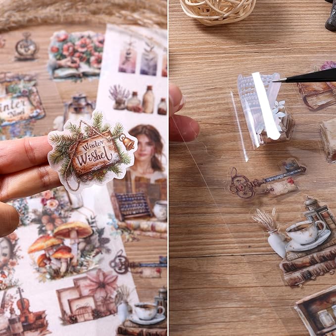 Auguro Scrapbooking Stickers 20 Sheets Pre-Cut 200 washi Stickers PET People Sticker Books for journaling Scrapbook Supplies Flower Transparent Journal Sticker