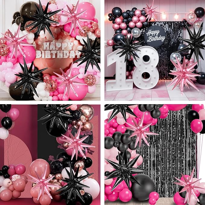 Pink Black Star Balloons,9Pcs 22Inch Black and Pink Explosion Spike Cone Helium Polyester Film Star Foil Balloons for Birthday Anniversary Baby Shower Disco Party Decorations