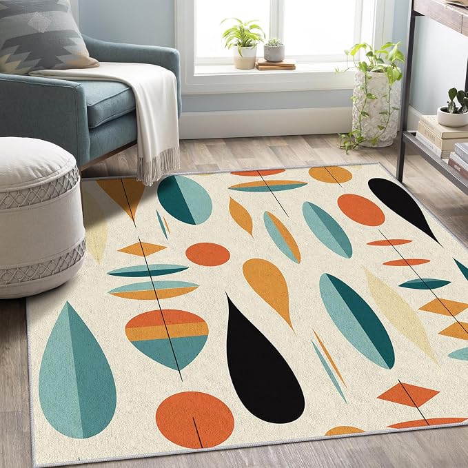 Mid Century Modern Rug 8x8, Washable Geometric Rugs for Living Room Bedroom, Retro Area Rug for Home Decor, Non Slip Backing Floor Carpet with Gripper - 8 x 8 ft