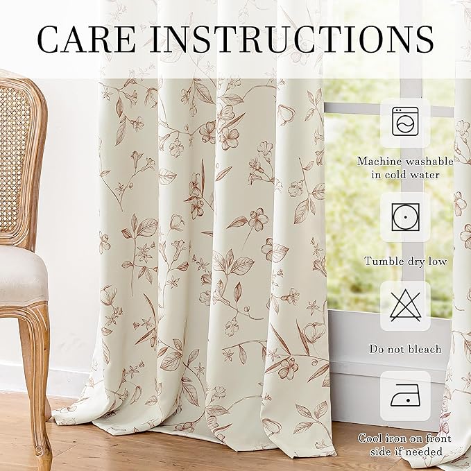 ChrisDowa Beige 100% Blackout Curtains 108 Inches Long 2 Panels for Bedroom Living Room Brown Flower Patterned Room Darkening Thermal Insulated Soundproof Grommet Window Treatments Drapes,52X108