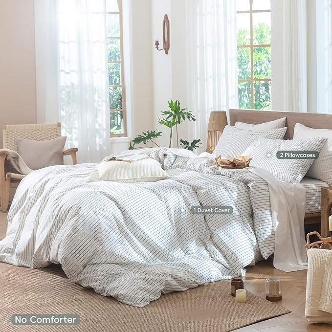 MooMee Striped Duvet Cover Set 100% Washed Cotton Linen Like Textured Breathable Durable Soft Comfy (White Heathered Green Wide Stripes, Super King Plus 120"x120")