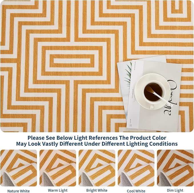 Washable Modern Lines Rug 9x12 Area Rug for Living Room Neutral Modern Geometric Rugs Low Pile Soft Bedroom Carpet Thin Foldable Abstract Floor Carpet for Dining Kids Room Playroom, Orange Yellow