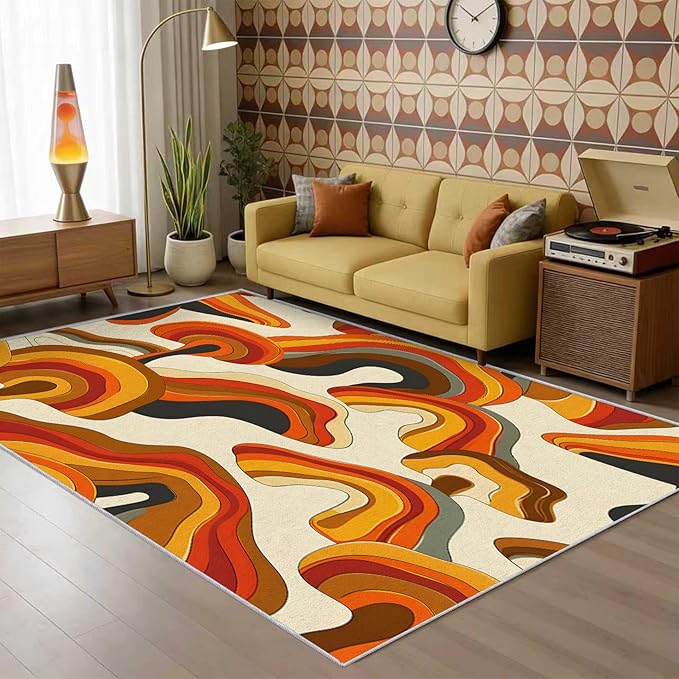 70s Retro Rug Large 8x10 Psychedelic Funky 1970s Abstract Pattern Area Rugs for Living Room, Bedroom, 70s Retro Home Decor Accessories Indoor Carpet, Non Slip & Machine Washable, GD0343