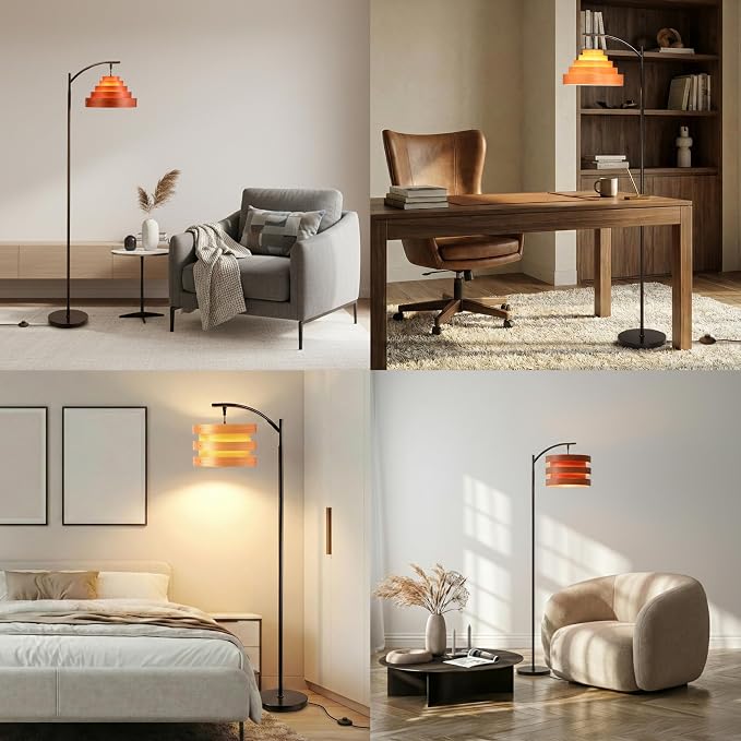 O’Bright Strata Wooden Floor Lamp - Mid Century Modern Standing Lamp with Layered Wood Shade, Tall Reading Lamp for Living Room, Bedroom, Office, Antique Brass, Light Oak, Cascade Shade