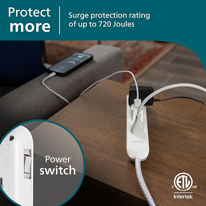 Philips 6 Outlet Surge Protector Power Strip, Designer Braided Power Cord, 4 Ft Power Cord, Flat Plug Extension Cord, Perfect for Office or Home Décor, 720 Joules, ETL Listed, White, SPC3064WE/37