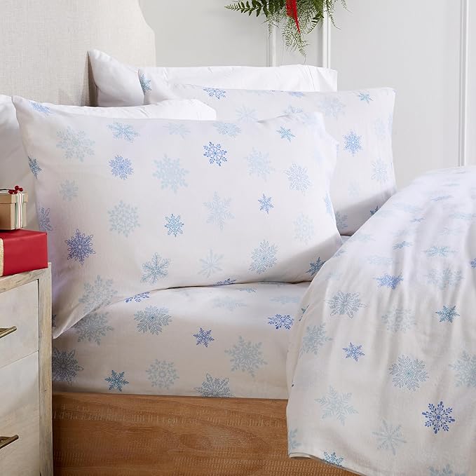 Market & Place 100% Turkish Cotton Flannel Sheet Set | 4 Piece Deep Pocket Novelty Cozy Winter Bed Sheets | Double Brushed for Extra Softness & Comfort | Alpine Collection (Full, Blue Snowflake)