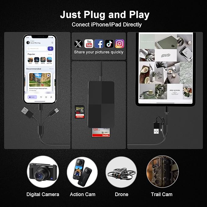 8-in-1 Memory Card Reader with 3 USB Ports, Lightning/USB-C/USB-A Adapter for iPhone/Android/PC/Mac, Supports SD/TF/MS/CF/XD Card & OTG for Photo/Video Transfer