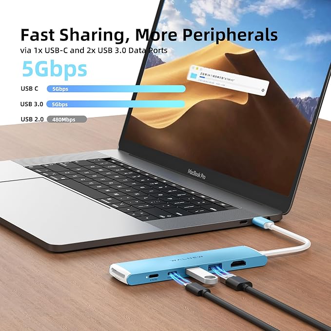 WALNEW 7 in 1 USB-C Hub with 4K HDMI,100W PD,5Gbps Data Port(1 Type-C & 2 USB 3.0),SD/TF Reader, Thunderbolt 4 Dock Multiport Adapter for MacBook Pro Air,Mac,iPad 10/Mini 6,Surface (Blue)