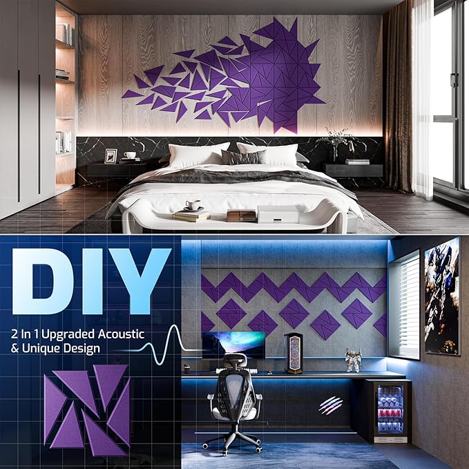 12 Pack Acoustic Panels with Self-Adhesive, 12"X 12"X 0.4"Sound Proof Foam Panels, Sound Panels High Density, Soundproof Wall Panels for Home Studio Office Purple