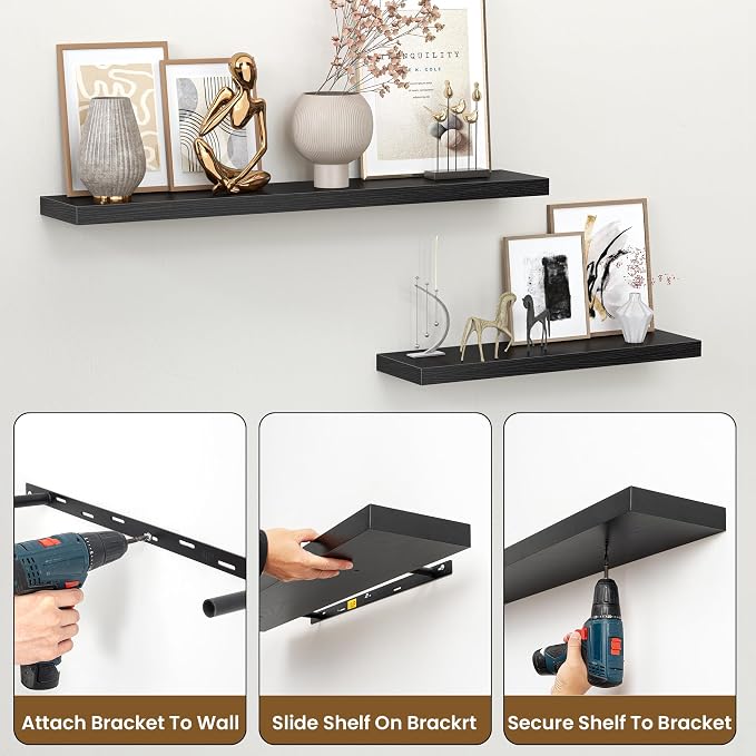 Heimlove 55 Inch Floating Shelves for Wall,Extra Long Mounted Storage wall Shelves with Invisible Metal Bracket for Bedroom Living Room Kitchen Office Set of 2,Black