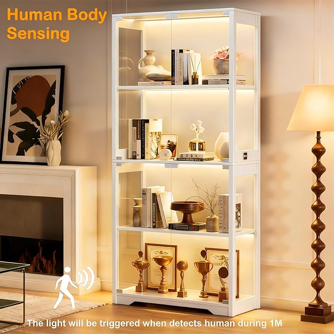 Display Cabinet with Glass Doors, 4-Tier Curio Cabinet with 3 Color Lights for Collectibles, Glass Display Case with Human Body Sensor, Bookcase with 4 Shelves, Storage Cabinets, White