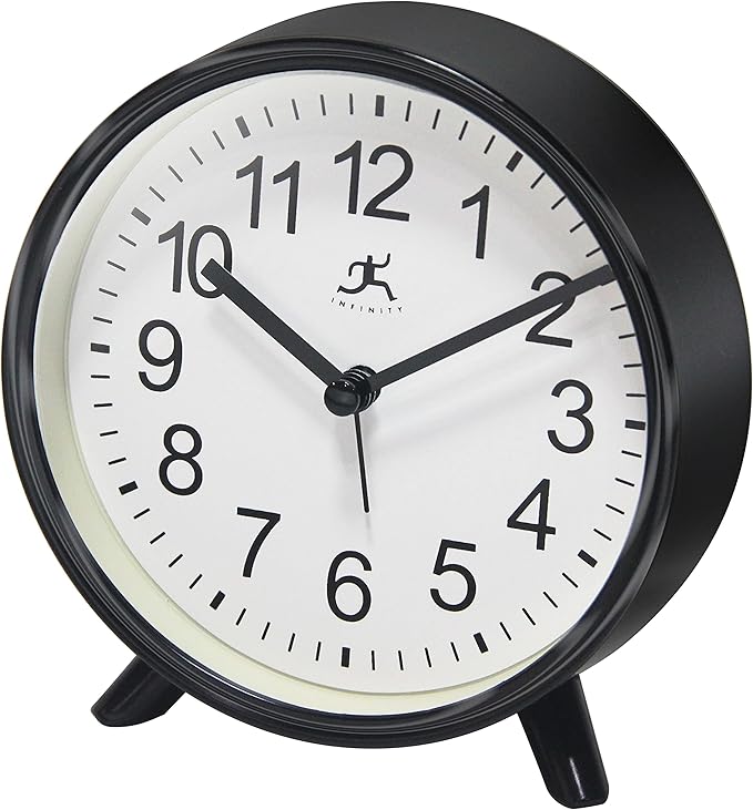 Infinity Instruments Plastic 5.75" Indoor Tabletop Alarm Clock with Quartz Movement for Accurate Time Keeping, Black